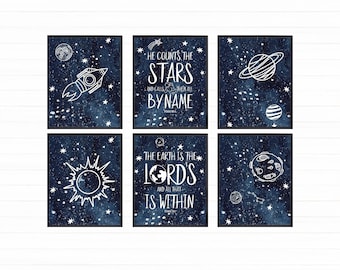 Space Printable Wall Art, Digital Download, Space Themed Nursery, Outer Space Decor, Space Prints, Bible Verse Prints, Christian Nursery