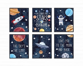 Space Wall Art Set of 6, Digital Download, Printable Wall Art, Outer Space Decor, Watercolor Outer Space, Space Decor, Boy Bedroom Decor