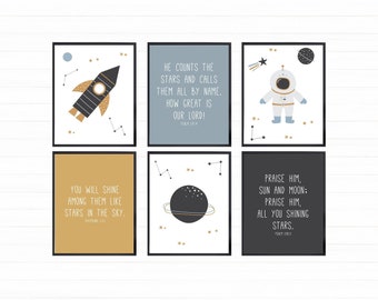 Space Printable Wall Art, Digital Download, Space Themed Nursery, Space Kids Posters, Christian Nursery, Space Wall Art, Bible Verse Prints