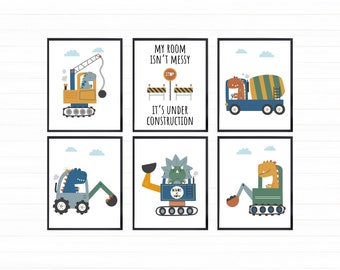 Dinosaur Construction Prints: Printable Nursery Wall Art Set (Digital Download)