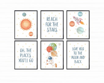 Watercolor Space Prints Set of 6, Printable Wall Art, Digital Download, Space Themed Nursery Decor, Space Wall Art, Bedroom Wall Decor