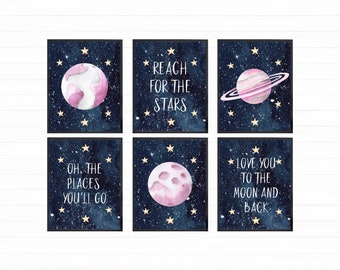 Girls Space Nursery Prints: Printable Pastel Galaxy Wall Art (Digital Download, Set of 6)