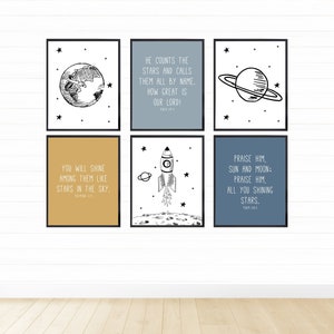 Celestial Themed Nursery Wall Art Set, Printable Digital Download Bible Verse Prints, Outer Space Decor, Galaxy Toddler Kids Bedroom Artwork