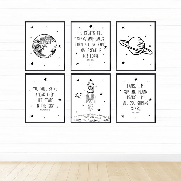 Black and White Outer Space Printable Wall Art Set, Digital Download, Space Prints, Space Theme Nursery Decor, Toddler Boy Bedroom Decor