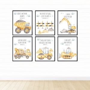 Construction Themed Bible Verse Wall Art Printable, Digital Prints Download Nursery Decor, Boy Bedroom Scripture Poster, Christian Artwork