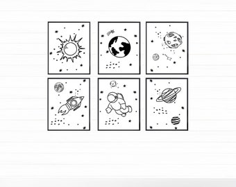 Black and White Space Printable Wall Art, Digital Download, Space Themed Nursery, Outer Space Decor, Space Prints, Space Wall Art Set