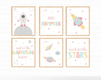 Girl Space Printable Wall Art Set of 6 for Bedroom Decor, Digital Download, Nursery Decor, Outer Space Decor, Space Theme Prints 11x14 16x20