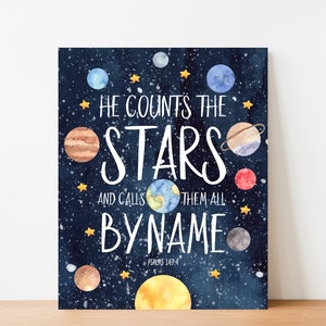 Op de afbeelding: Een aquarel-illustratie van planeten en sterren op een donkerblauwe achtergrond met de tekst "Hij telt de sterren en noemt ze allemaal bij naam. Psalm 147:4"