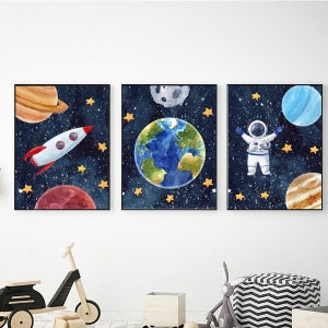 宇宙をテーマにしたプリント可能なウォールアート3点セット、デジタルダウンロード可能な宇宙プリント、宇宙をテーマにした保育園、宇宙装飾、天体保育園ポスター