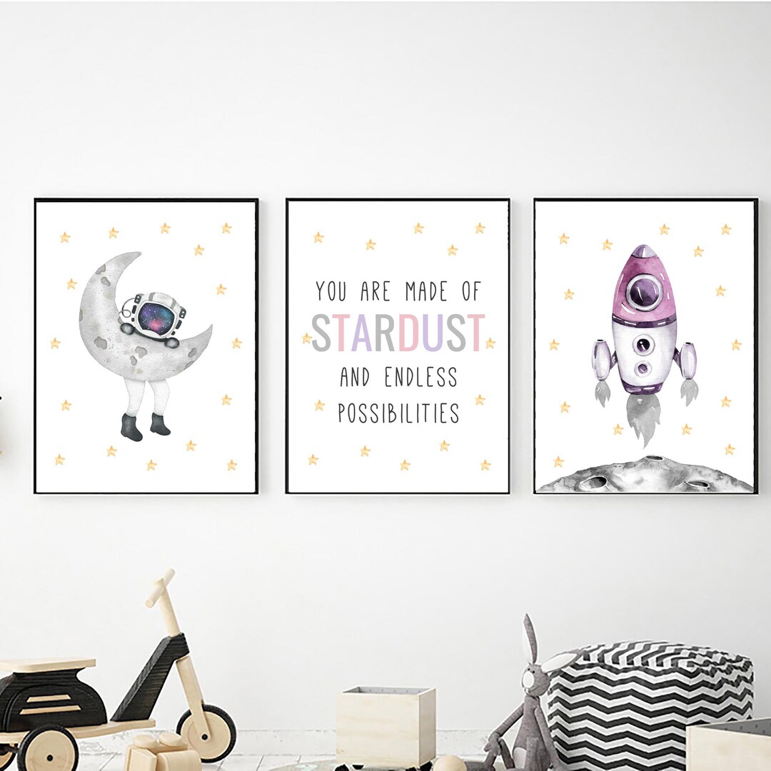 Girls Space Printable Wall Art Set of 3, Digital Download Space Themed ...