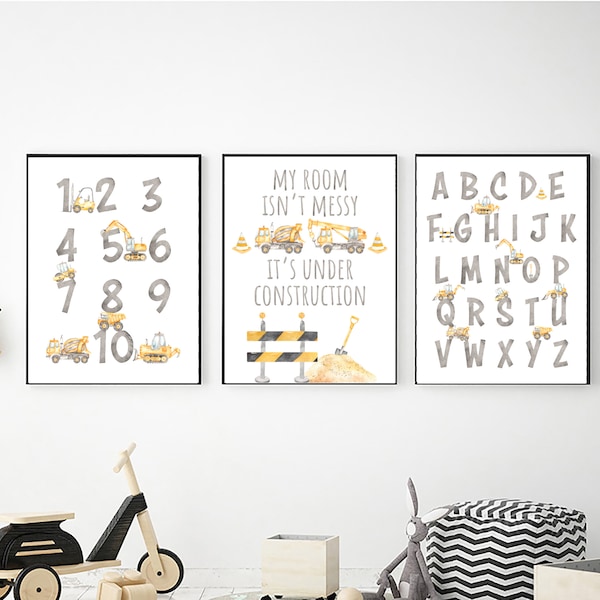 Construction Trucks Printable Wall Art, Digital Download, Construction Nursery Decor, Alphabet and Numbers Prints, Toddler Boy Bedroom Decor