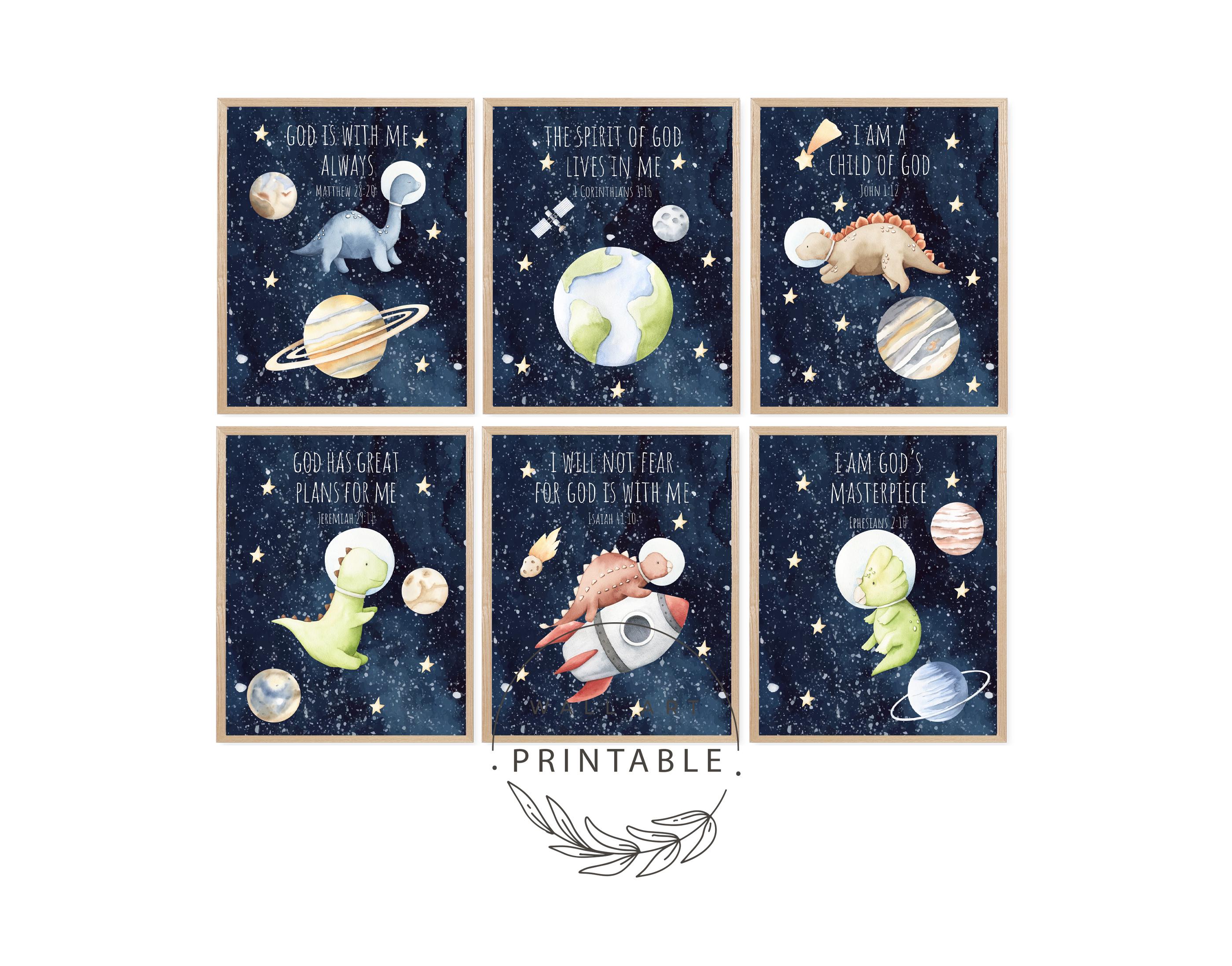 Dinosaurs in Outer Space With Bible Verses Printable Wall Art ...