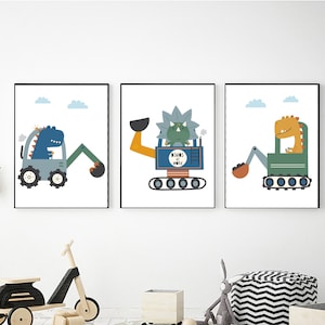 Dinos Construction Printable Wall Art, Digital Download, Dinosaurs Nursery Decor, Construction Trucks, Dinosaurs Prints, Construction Prints
