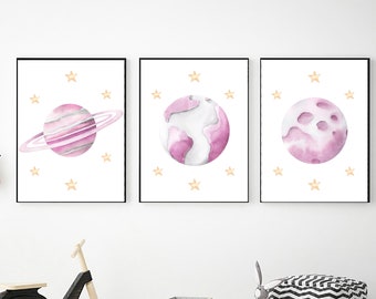 Girls Outer Space Printable Wall Art, Digital Download, Space Nursery Decor, Space Prints, Toddler Girl Bedroom Decor, Pink and Grey Space