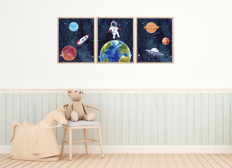 Set of 3 Watercolor Outer Space Wall Art, Digital Download, Printable Wall Art, Watercolor Outer Space Prints, Outer Space Nursery Decor image 4