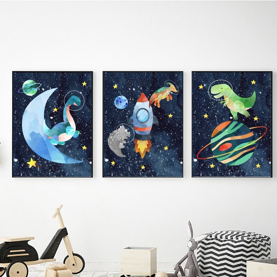 Printable Dinosaurs in Space Wall Art Set of 3 Digital Etsy