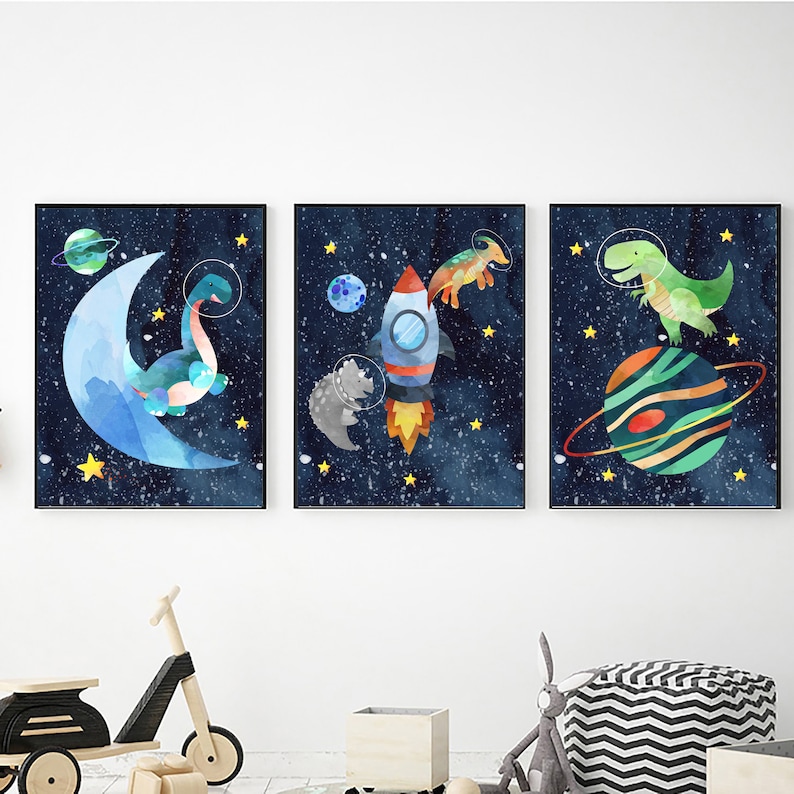 Printable Dinosaurs in Space Wall Art Set of 3 Digital Etsy