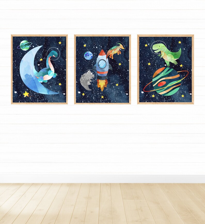 Printable Dinosaurs in Space Wall Art Set of 3 Digital Etsy