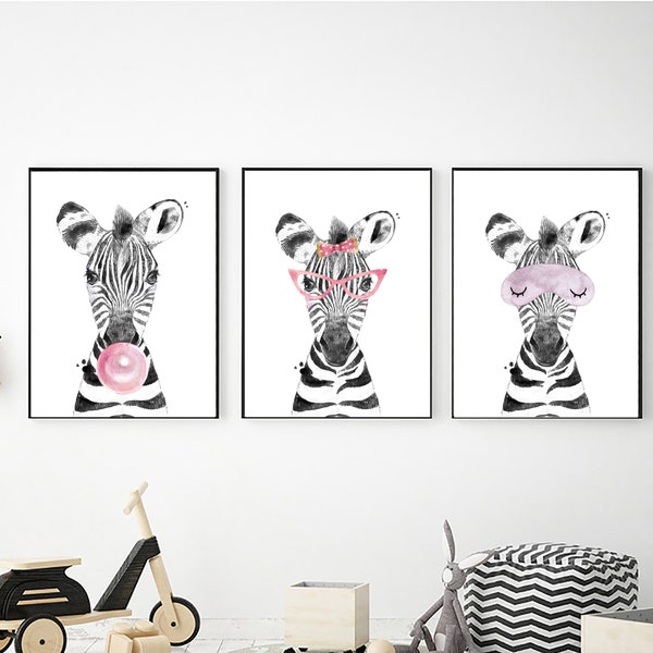 Zebra Wall Art, Digital Download, Printable Wall Art, Set of 3 Zebra Prints, Girl Bedroom Decor, Nursery Decor, Kids Room Decor, 8x10 11x14