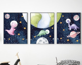 Estampas espaciais de dinossauros para meninas: arte de parede para berçário em tons pastéis para imprimir (download digital)