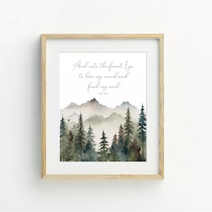 Citazione di John Muir, stampabile, da scaricare digitalmente, stampa artistica "E nella foresta vado, natura selvaggia", dipinto di paesaggio, stampa murale di montagna