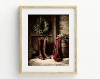 Equestrian Tartan Christmas Prints, Rustic Holiday Gallery Wall Art, Digital Download