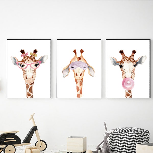 Set of 3 Giraffes Printable Wall Art for Girl Bedroom Decor, Digital Download, Nursery Decor, Giraffes Prints, Kids Room Wall Decor