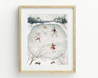 Puede incluir: Pintura a la acuarela de una escena invernal con gente patinando sobre un estanque helado. La obra presenta un marco de madera clara, nieve cayendo, árboles desnudos y pequeñas casas en el fondo. Dos conejos corren en primer plano.