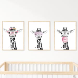 Giraffes Printable Wall Art Set of 3, Digital Download, Giraffe Prints, Girl Bedroom Wall Decor, Giraffe Nursery Print, Baby Room Decor