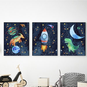 Dinosaurs Outer Space Printable Wall Art, Digital Download, Dino Astronauts Wall Art, Nursery Decor, Space Prints, Boy Bedroom Wall Decor