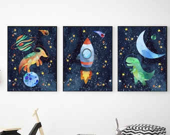 Dinosaur Astronaut Space Nursery Art Prints: Galaxy Kids Room Decor (Digital Download)