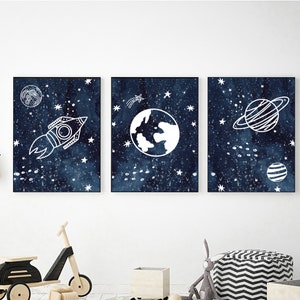 Cosmic Nursery Wall Art Set of 3, Printable Space Themed Decor for Kids Room, Digital Prints Download, Toddler Boy Bedroom Galaxy Posters