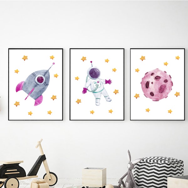 Set of 3 Outer Space Wall Art, Digital Download, Printable Wall Art, Girl Outer Space Wall Art, Nursery Decor, Bedroom Decor, Playroom Decor