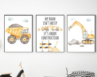 Printable Construction Wall Art, Digital Download, Nursery Decor, Watercolor Construction Trucks Prints, Boy Bedroom Decor, Kids Room Decor