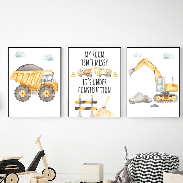 Printable Construction Wall Art, Digital Download, Nursery Decor, Watercolor Construction Trucks Prints, Boy Bedroom Decor, Kids Room Decor