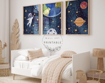 Watercolor Space Nursery Printable Wall Art Set, Toddler Boy Prints, Digital Download