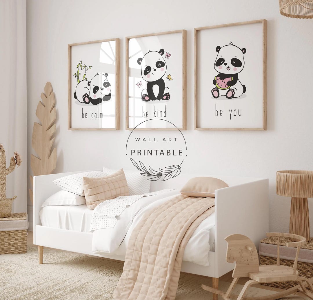 Panda Wall Art Set of 3: Printable Baby Girl Nursery Decor (digital ...