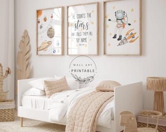Nursery Wall Art, Solar System, Psalm 147:4 Print, Christian Decor (Digital Download)