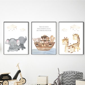 Juego de 3 impresiones de arte mural del Arca de Noé, descarga digital, decoración cristiana para habitación infantil, impresiones de versículos bíblicos, decoración de dormitorio, arte mural con versículos bíblicos