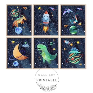 Set of 6 Space Dinosaur Astronauts Printable Wall Art, Digital Download ...
