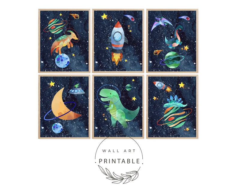 Set of 6 Space Dinosaur Astronauts Printable Wall Art, Digital Download ...
