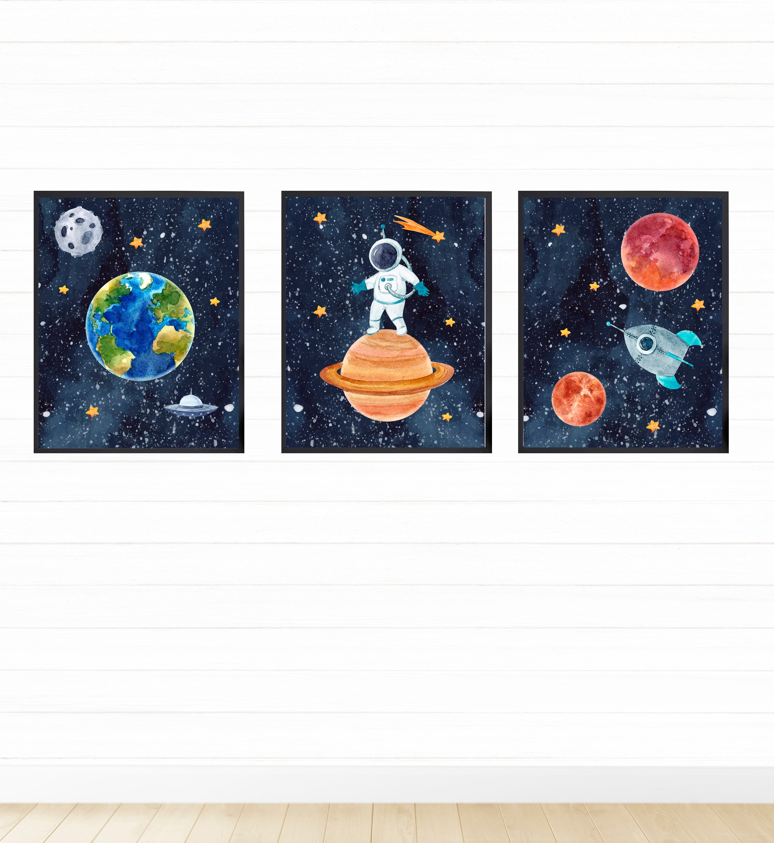 Personalized Gift Set of 3 Space Prints Galaxy Wall Art Nursery Name Sign Artwork Inspirational Kids Poster Kids Wall Art Space lovers, Size: Canvas