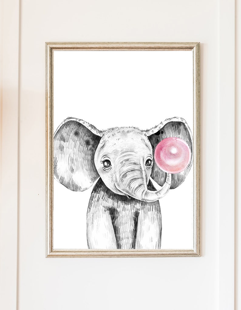 Baby Elephant With Bubble Gum Printable Wall Art Digital Etsy