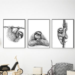 Black and White Sloth Printable Wall Art Set Digital Download, Sloth Decor, Sloth Prints, Nursery Decor, Cute Baby Sloth, 8x10 11x14 16x20