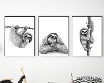 Black and White Sloth Printable Wall Art Set Digital Download, Sloth Decor, Sloth Prints, Nursery Decor, Cute Baby Sloth, 8x10 11x14 16x20