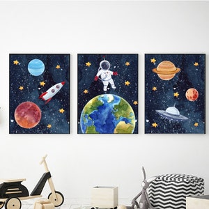 宇宙をテーマにしたプリント可能なウォールアート3点セット、デジタルダウンロード可能な子供用宇宙プリント、宇宙装飾、宇宙をテーマにした装飾、天体保育園ポスター