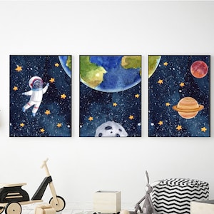 宇宙をテーマにしたプリントウォールアート3点セット、デジタルダウンロード宇宙プリント、宇宙装飾、寝室装飾、宇宙をテーマにした保育園、天体ポスター
