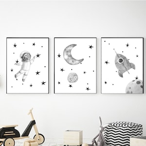 Grey and White Space Wall Art Set, Digital Download, Printable Wall Art, Outer Space Decor, Kids Room Decor, 8x10 11x14 16x20, Bedroom Decor