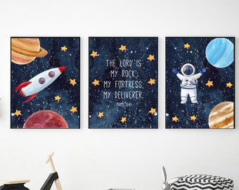 Space Wall Art Set for Nursery Decor, Digital Download, Printable Wall Art, Psalm 18:2 Bible Verse