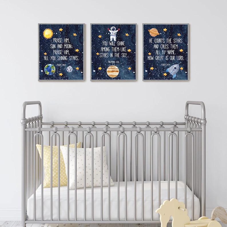 Bible Verse Nursery Printable Wall Art, Space Theme Baby Decor (digital ...